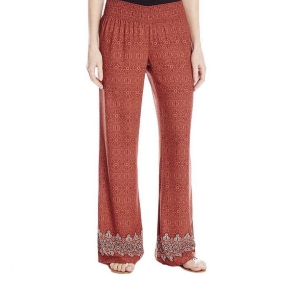 prAna Isadora Palazzo Pants M Tomato Dark Red Wide Leg Floral Boho Beach‎ Lagen